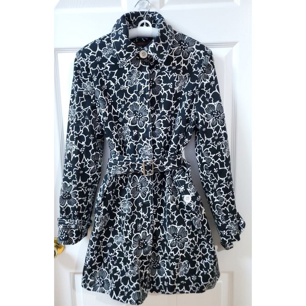 Anne Klein Long Belted Coat Black/White Floral Design Women's Size 10